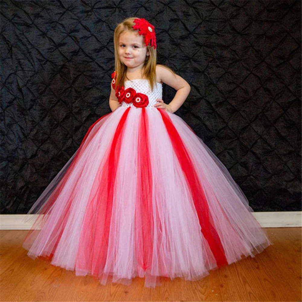 Girls Red White Tutu Dress Kids Crochet Tulle Long Ball Gown with Pearl Roses Children Birthday Party Costume Dresses | Детская одежда