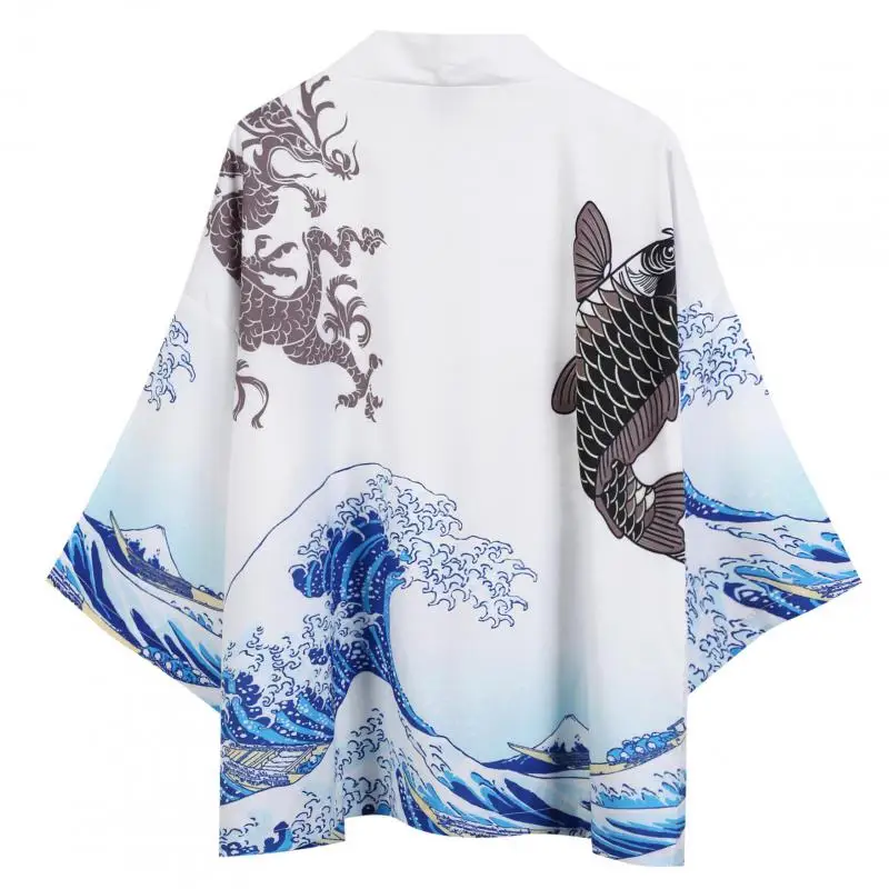 

Женское и мужское кимоно, повседневное пляжное кимоно свободного покроя с белым рисунком, юката, хаори, лето