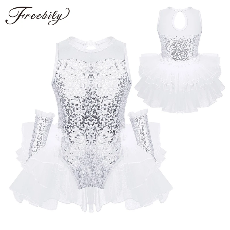 

Kids Shiny Sequins Tulle Splice Mesh Tutu Ballet Figure Skating Dress Gymnastics Leotard Girls Stage Performance Dance Costume