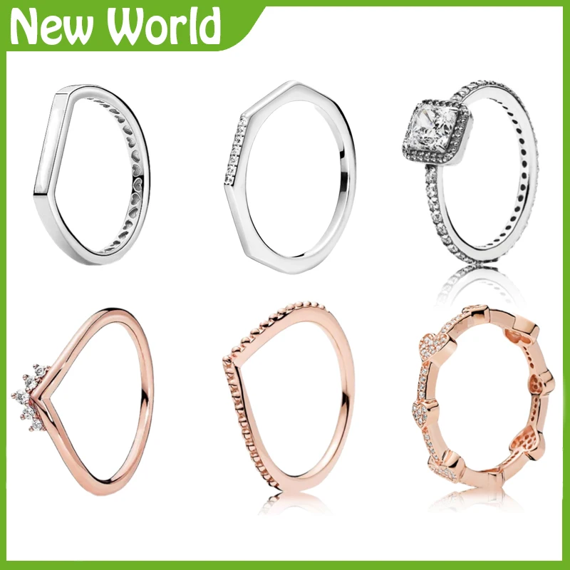 

New 925 Sterling Silver Ring Classics Openwork Linked Love Heart Princess Tiara Royal Crown Ring For Women Gift Pando Jewelry