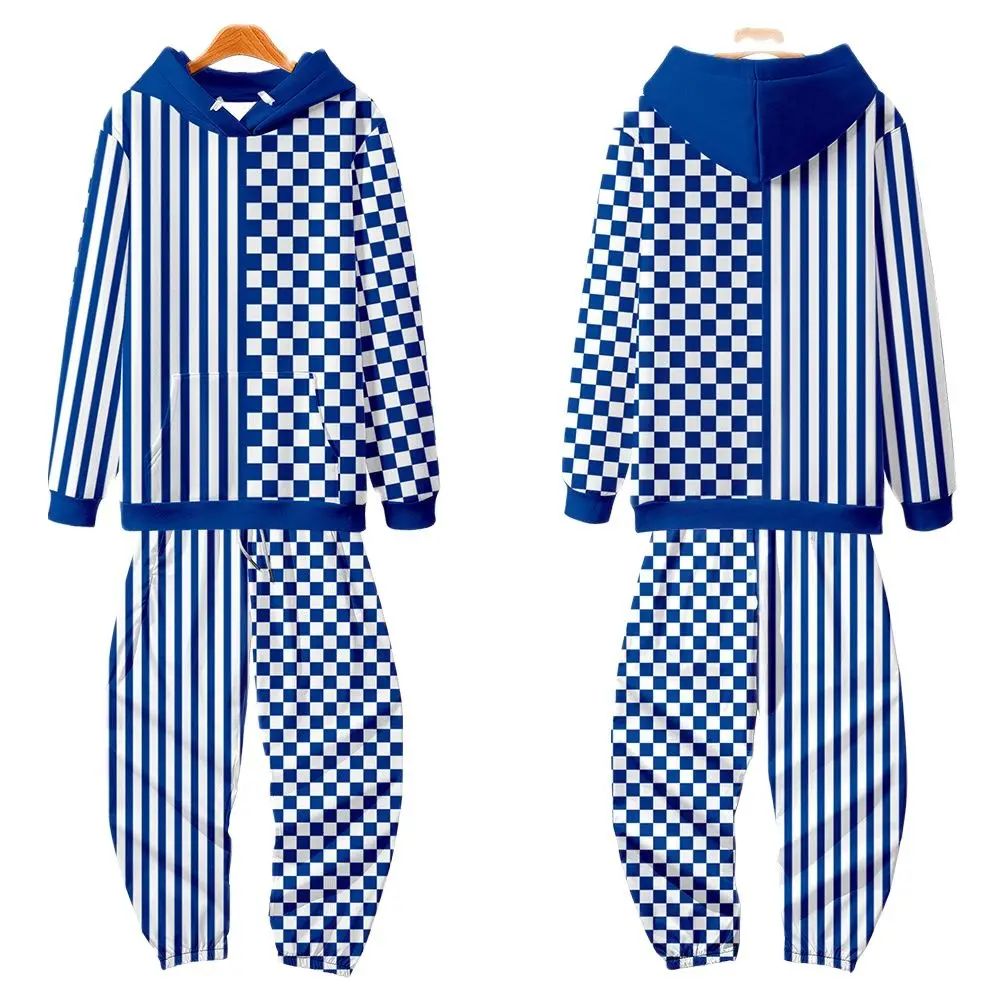 

Two Piece Set Men Blue Striped And Plaid Print Tracksuit+Pant Suits Harajuku Casual Loose Hoodie Pullover Sweatshirt