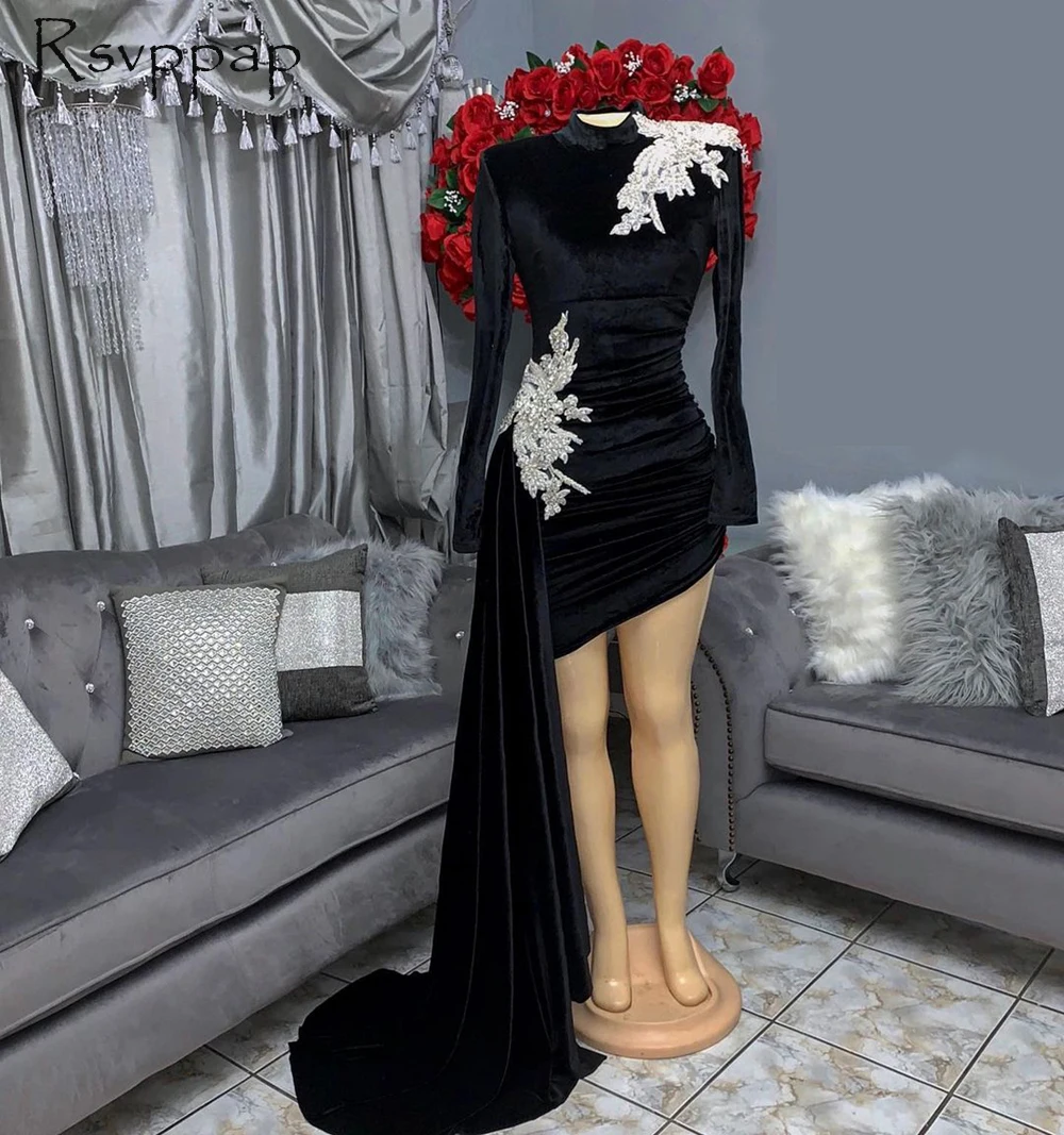 

Real Custom Long Sleeve High Neck Pleat Black Velvet African Girls Short Prom Dresses 2022 With Side Train