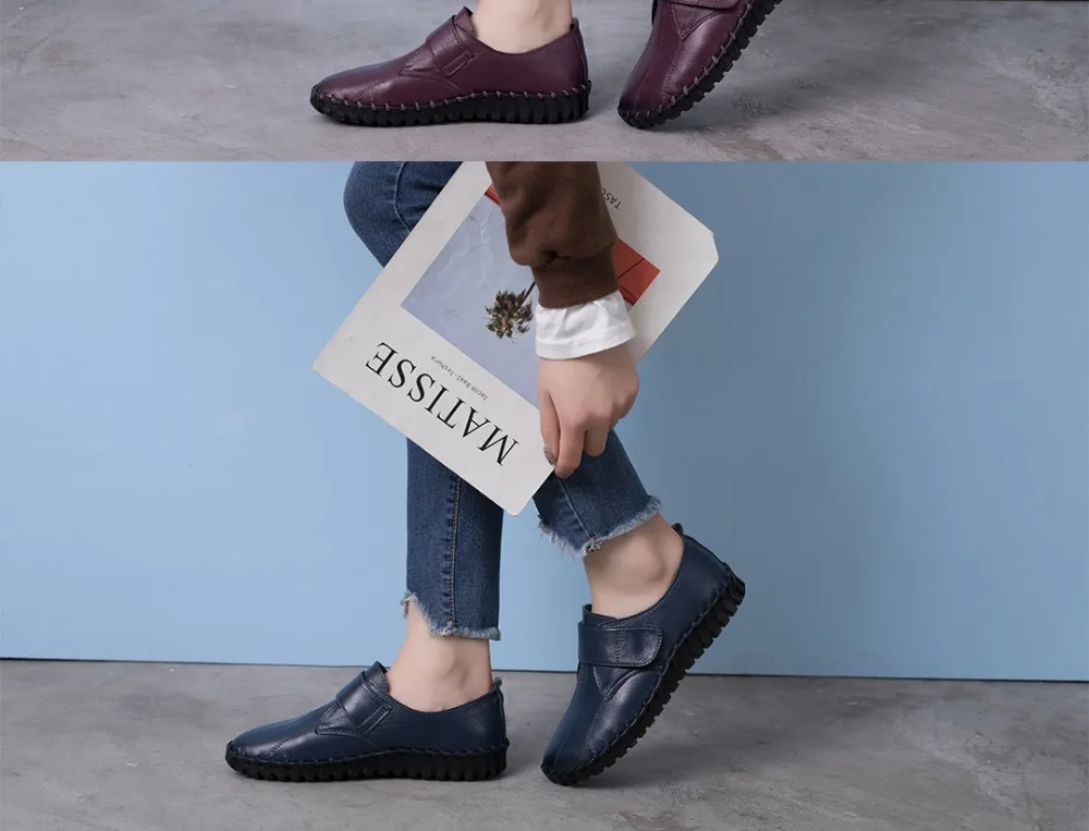 Spring Ladies Genuine Leather Handmade Shoes Women Hook&Loop Flat Shoes Women Autumn Soft Loafers Flats