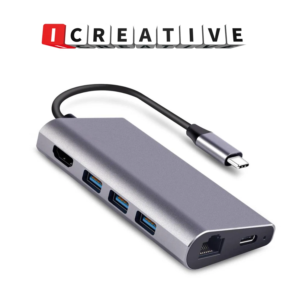 

USB-концентратор Icreative с Type C на HDMI, 4K, гигабитный Ethernet, USB 3,0, кардридер SD/TF с портом PD для зарядки, концентратор USB 3,0 для Macbook Pro