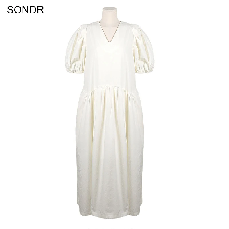 

Korean One Piece V Neck White Dress Women Summer Vintage Puff Sleeve High Waist Solid Color A-Line Pullover Dresses Maxi Dress