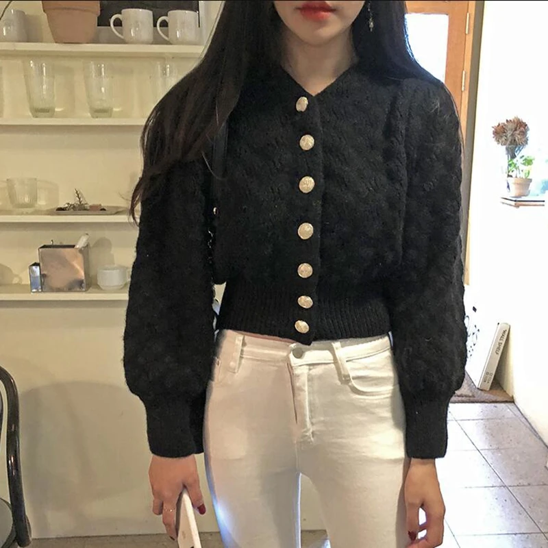 RealShe женский свитер 2019 v-образный вырез длинный рукав-фонарик на пуговицах