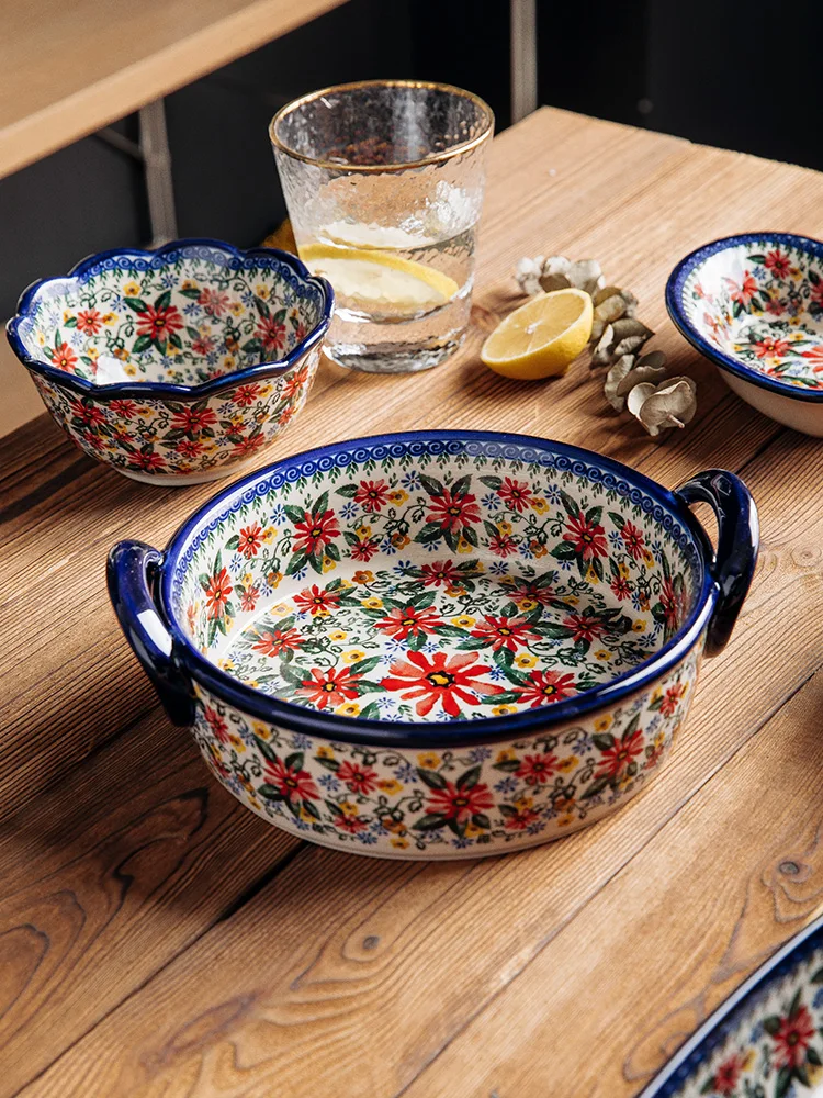 

Bohemia Daisy Ceramic Dumpling Bowl Household Oven Bake Pan Microwave Binaural Soup Bowl In-glaze Tableware