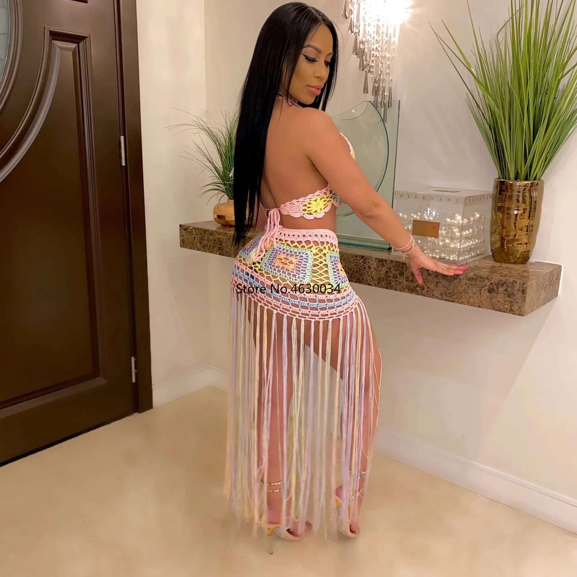 Сексуальный комплект из двух предметов с кисточками топ на бретельках и длинная