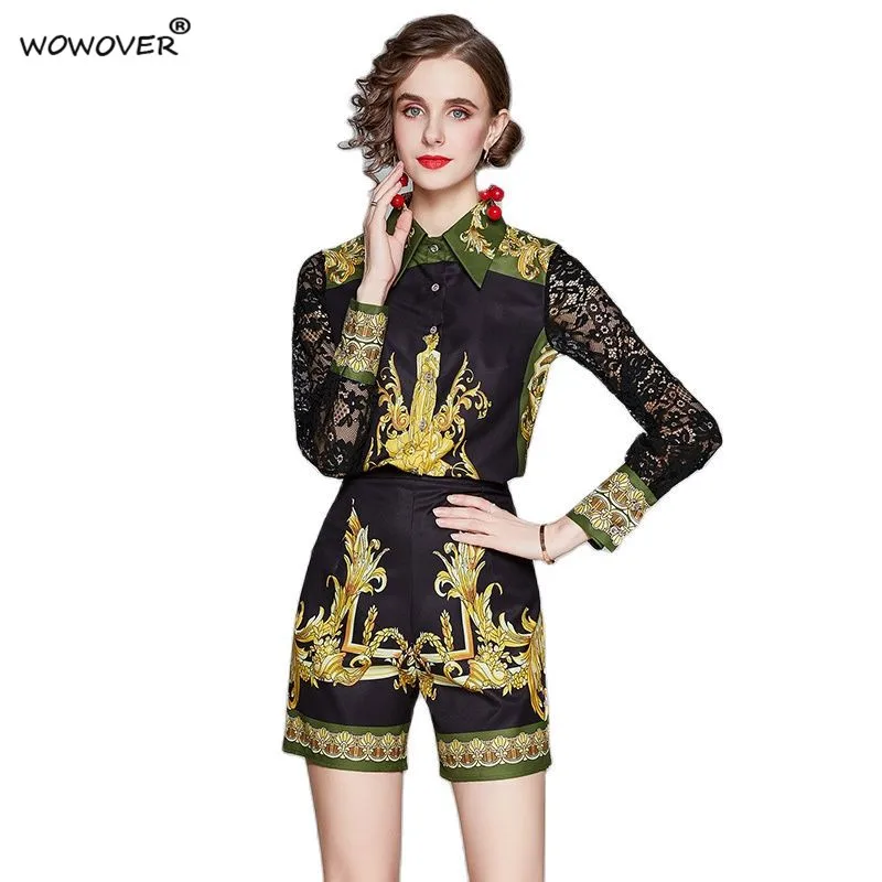 

Fashion Spring Autumn Runway Suits Elegant Designer Retro Print Lace Shirt with Shorts Set for Women Casual Vintage Outfits