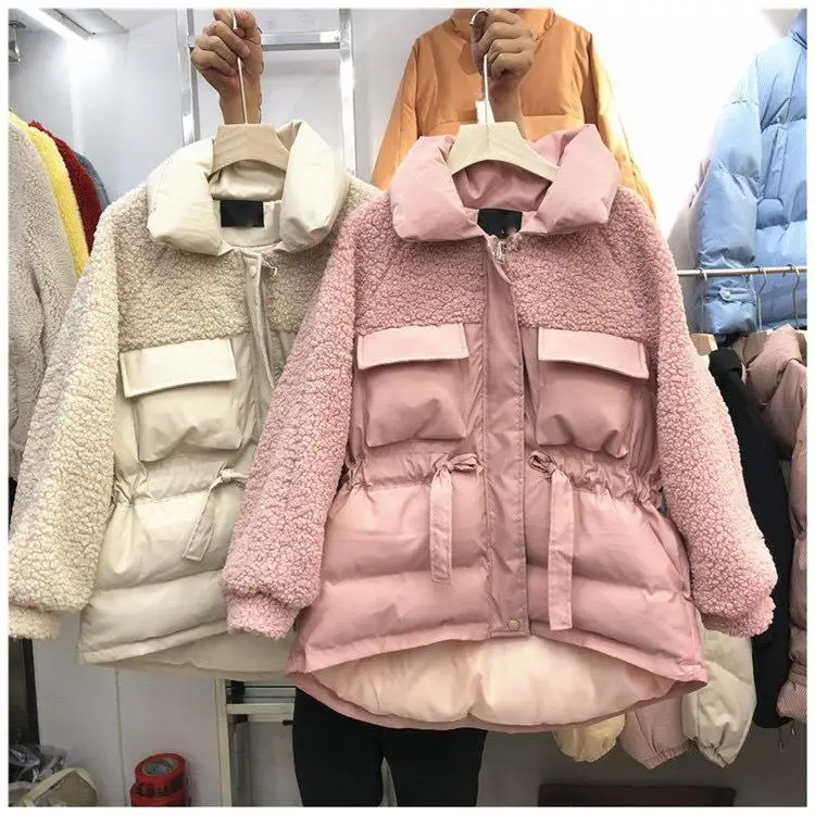 Зимняя куртка женская имитация овечьей шерсти парка с карманами и поясом пальто