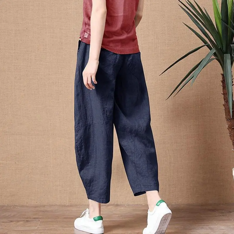 

Women's Cotton Linen Pants Elastic Waist Vintage Trousers Lady Loose Casual Pants Plus Size S-5XL Retro Literary Cotton Trousers