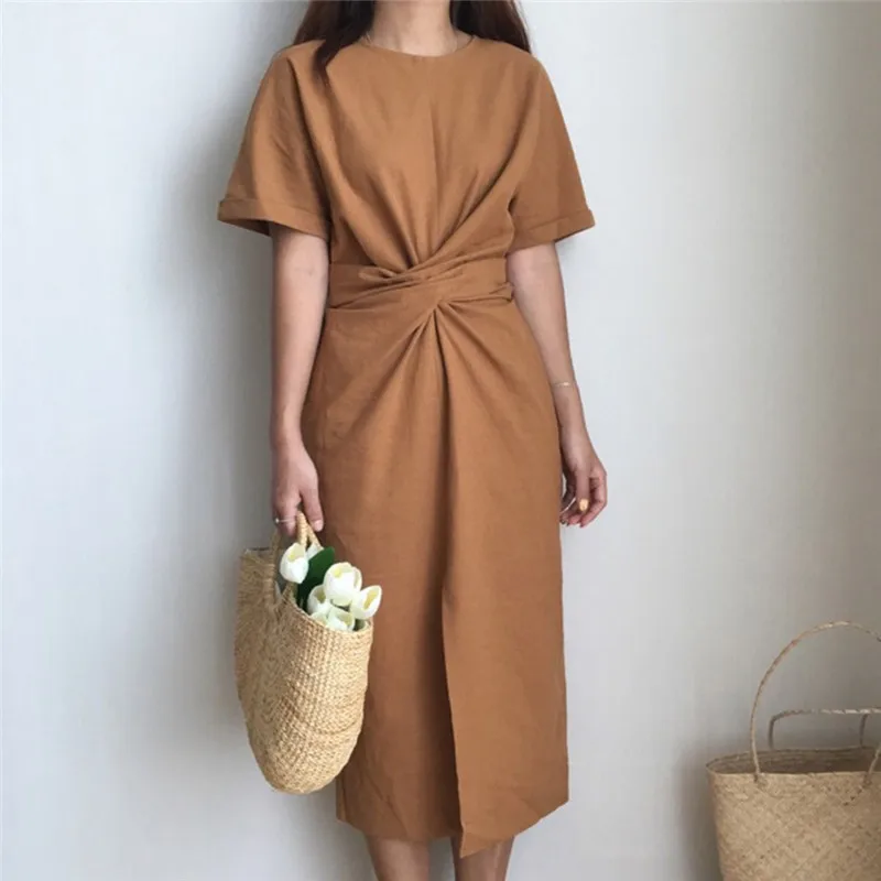 

New Spring Women Dress Female Cross Bandage Short Sleeve Hem Split Casual Women's Dresses Ladies Tunic Elegant Clothing