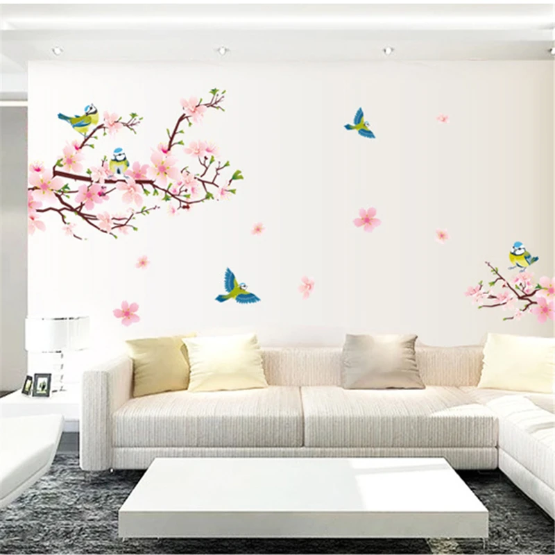 

Large Peach Tree Branch Birds Wall Sticker Flowers Home Decor for Sofa TV Bedroom Chinese Style Wall Decals Decoration Removable