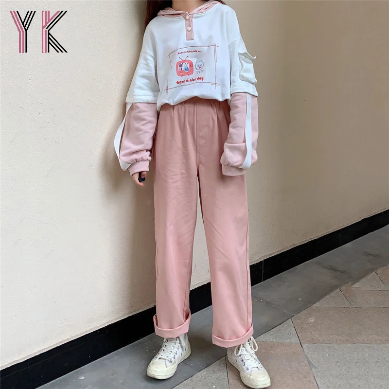 

Свитер с капюшоном + розовые прямые брюки, женский модный весенний повседневный костюм, милый костюм с принтом в японском стиле для девочек