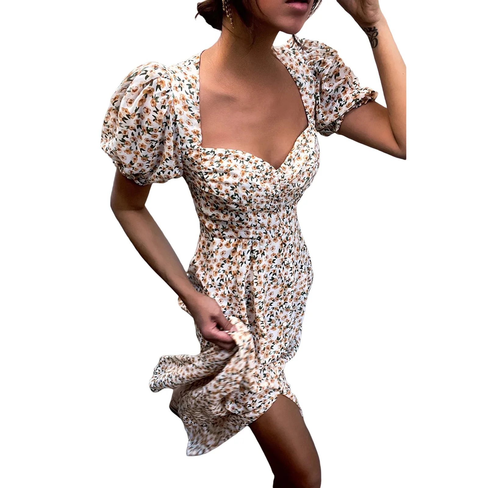 

Floral Print Sexy Summer Dress Puff Short Sleeve V Neck Wrap Midi Dresses Women 2021 Beach High Split Holidays Dress Fashion