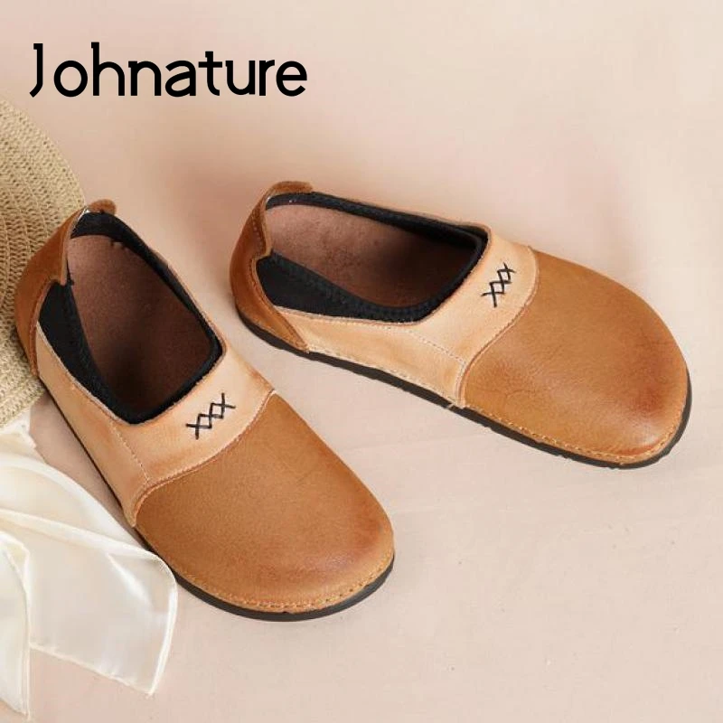 

Johnature 2022 New Flats Women Shoes Genuine Leather Mixed Colors Retro Four Seasons Shallow Handmade Concise Ladies Shoes