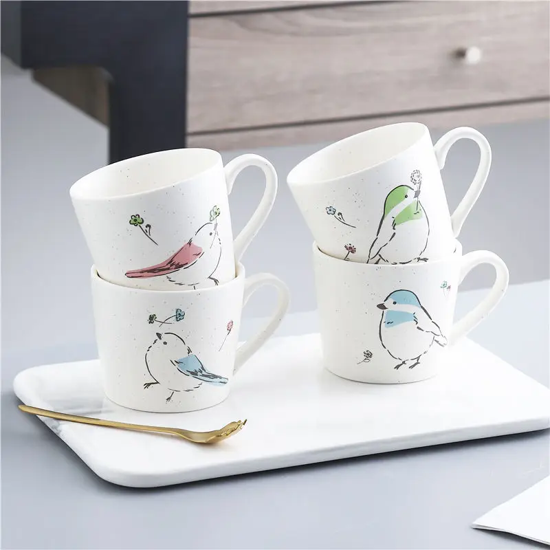 

Керамическая кружка с изображением цветов и птиц, милая чашка для молочной овсяной муки, Мультяшные чашки для завтрака с изображением свеже...
