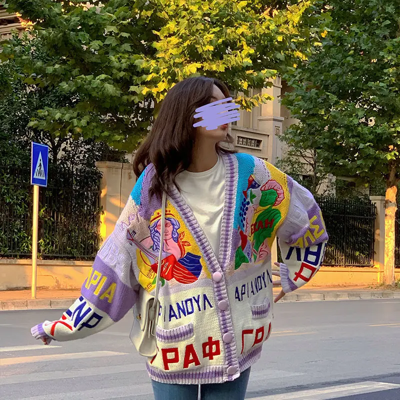 

Harajuku Cardigan Knit Coats Knitted Sweater Pullover Vintage Graffiti Embroidery Sweater Streetwear Jacket Oversized KZ582