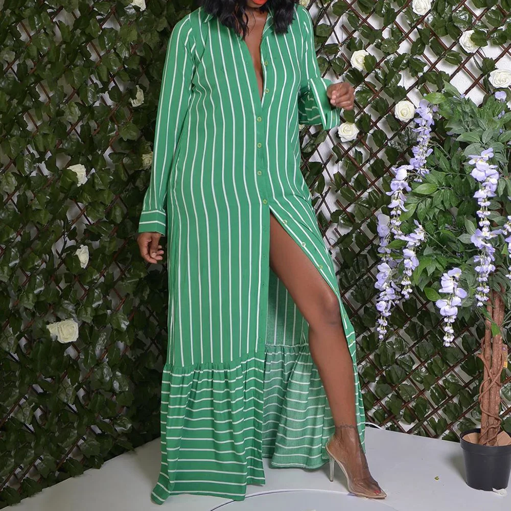 Зеленое женское длинное платье-рубашка летнее Полосатое платье макси в