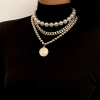 layered pearl beads chain choker necklace for women chunky thick cuban chains on neck with coin pendant necklaces punk jewelry