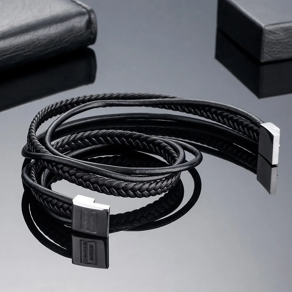 Fashion Black Genuine Leather Buddha Bracelet Stainless Steel Clasp Multi Layer Braid Rope Chain Wristband Vintage Gifts | Украшения и