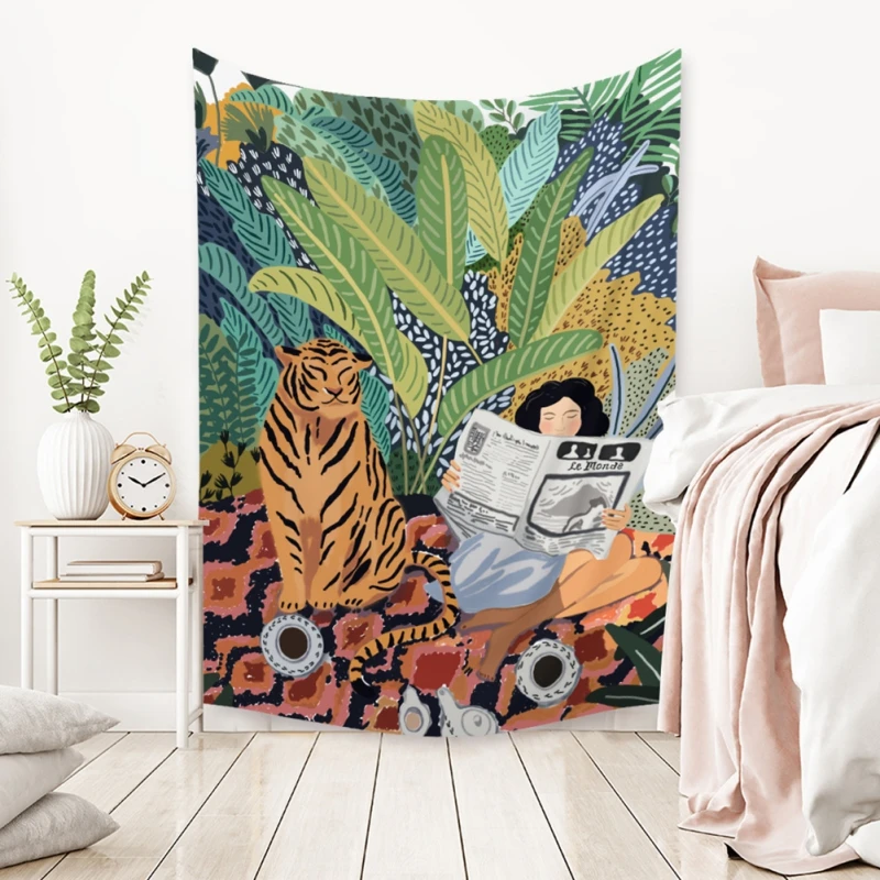 

Wall Hanging Tapestry Animal Series Design Jungle Tiger Girl Pattern Tapestries for Bedroom Dorm Background Cloth Two Sizes