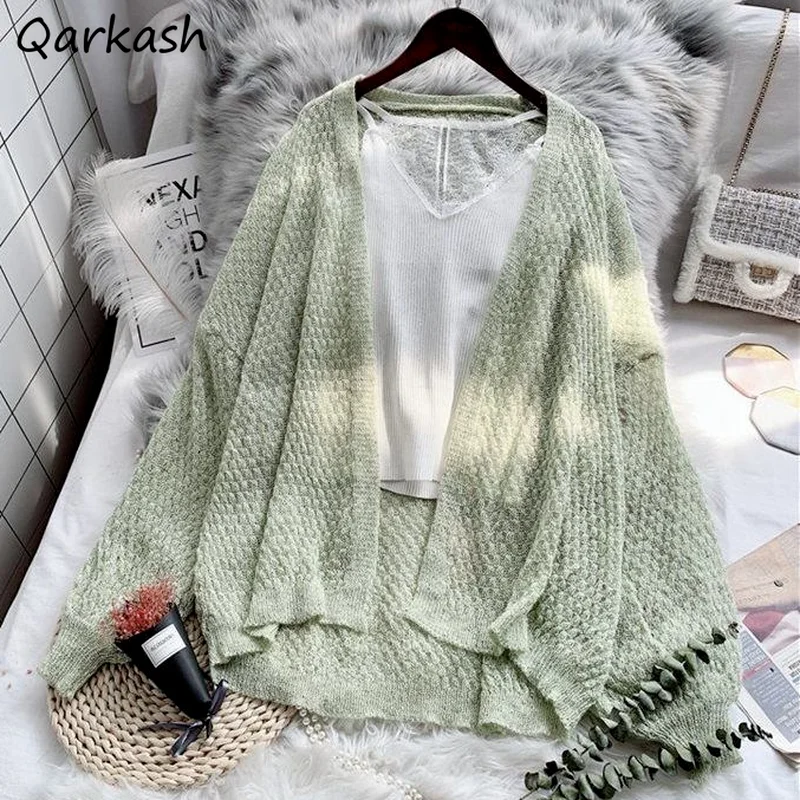 

Sweater Cardigan Women Loose Open Stitch Lantern Sleeve Fashion Outerwear Solid Color Holiday Knitting Hollow Out Retro Casual