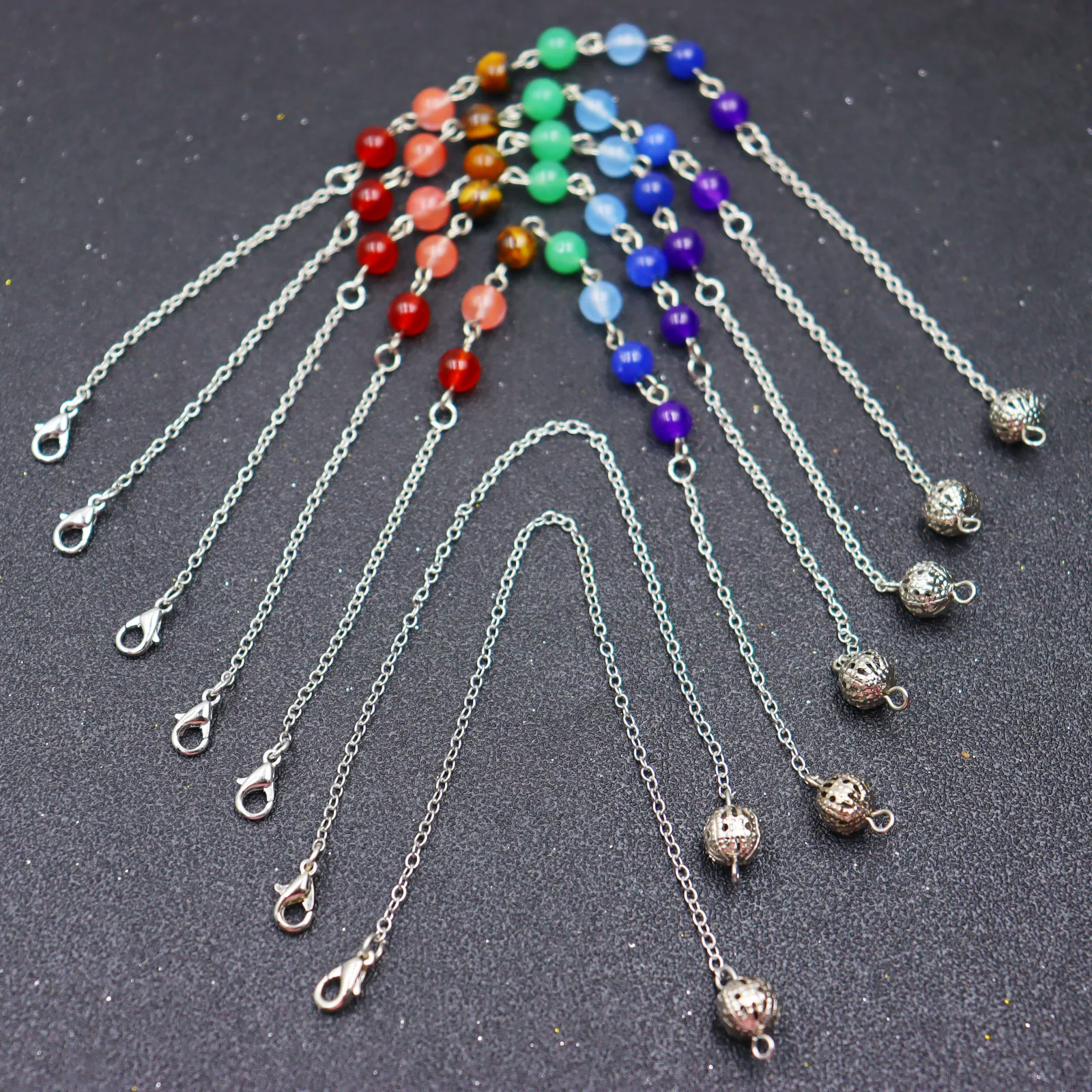(10Strand/lot) Wholesale Reiki Pendulum Chain Healing Mixed 7 Chakra Gem Stone Beads Chain Accessories Charms Colorful Jewelry