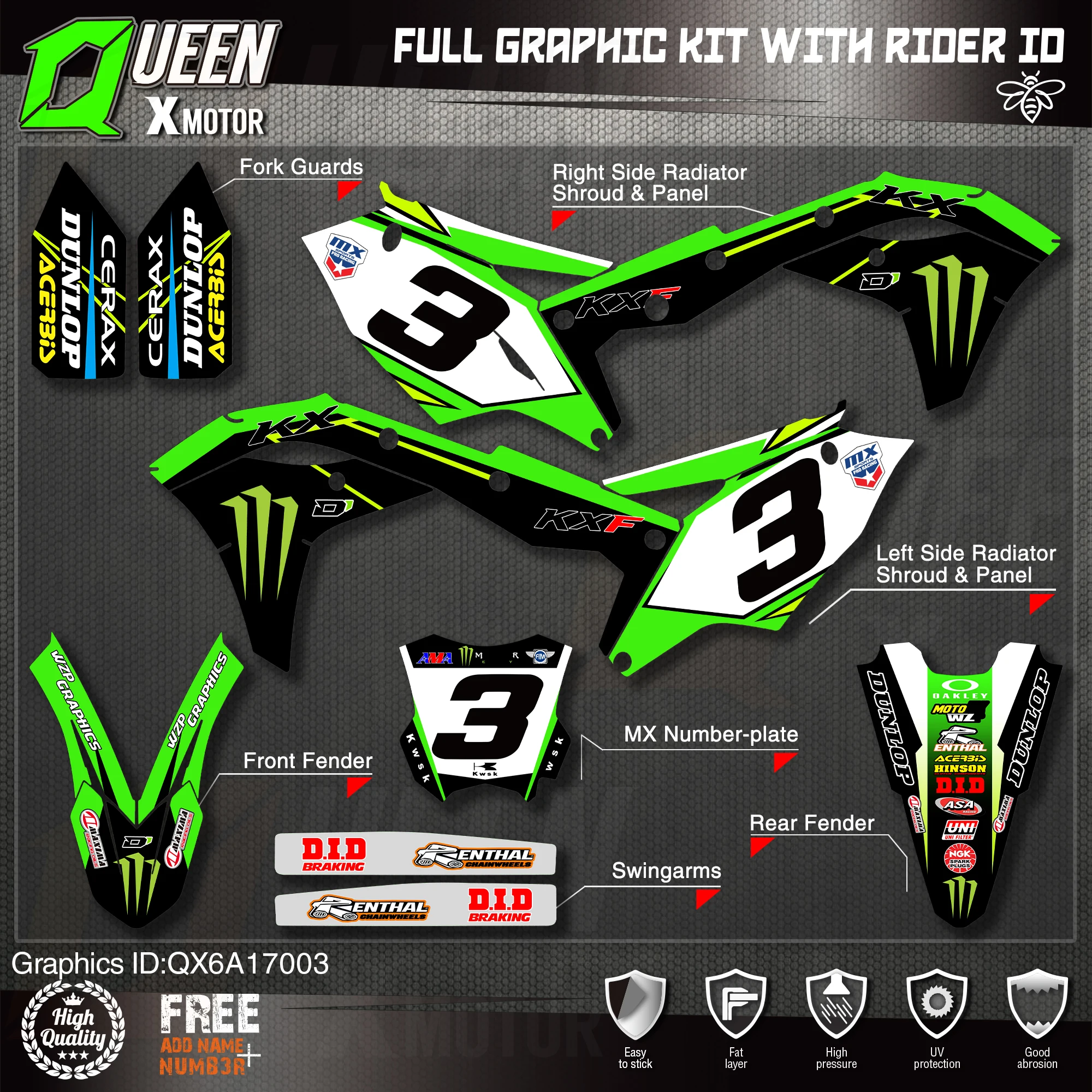 Queen X MOTOR Custom Team Graphics Decals Stickers Kit For Kawasaki Decal 2017 2018 2019 2020 KXF 250 003