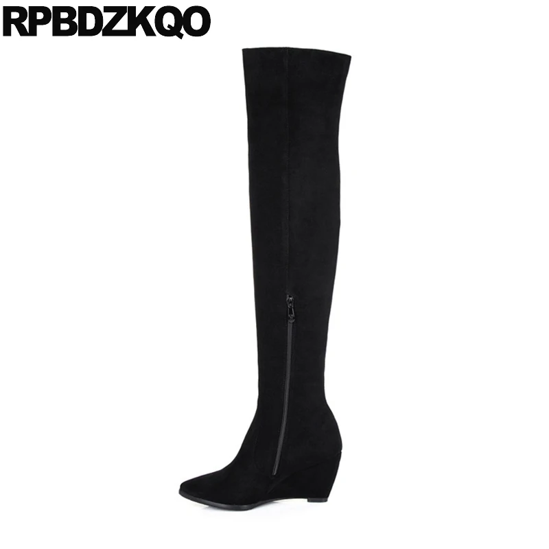 Женские высокие сапоги выше колена черные замшевые облегающие из овечьей шкуры с