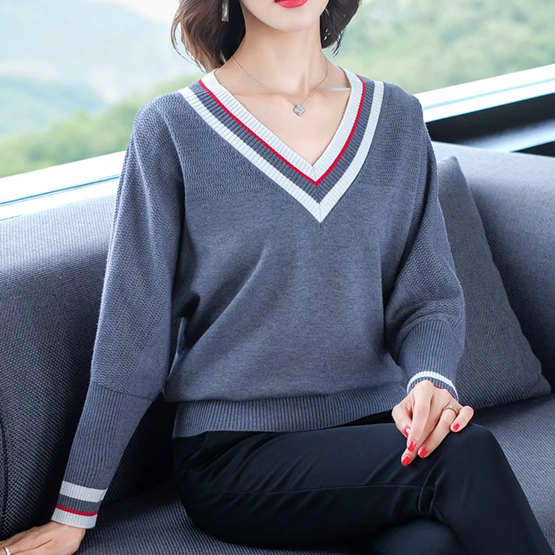 

shintimes striped Batwing Sleeve Long Women Sweater Knitted V-Neck High Elastic 2022 Fall Winter Fashion Sweater Women Pullovers