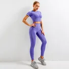 Комплект спортивный женский бесшовный для йоги, укороченный топ с коротким рукавом, рубашка и штаны для фитнеса, спортивная одежда для йоги