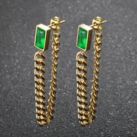 classic geometric rectangle green crystal zircon stainless steel chain tassel earrings girls accessories for woman jewelry