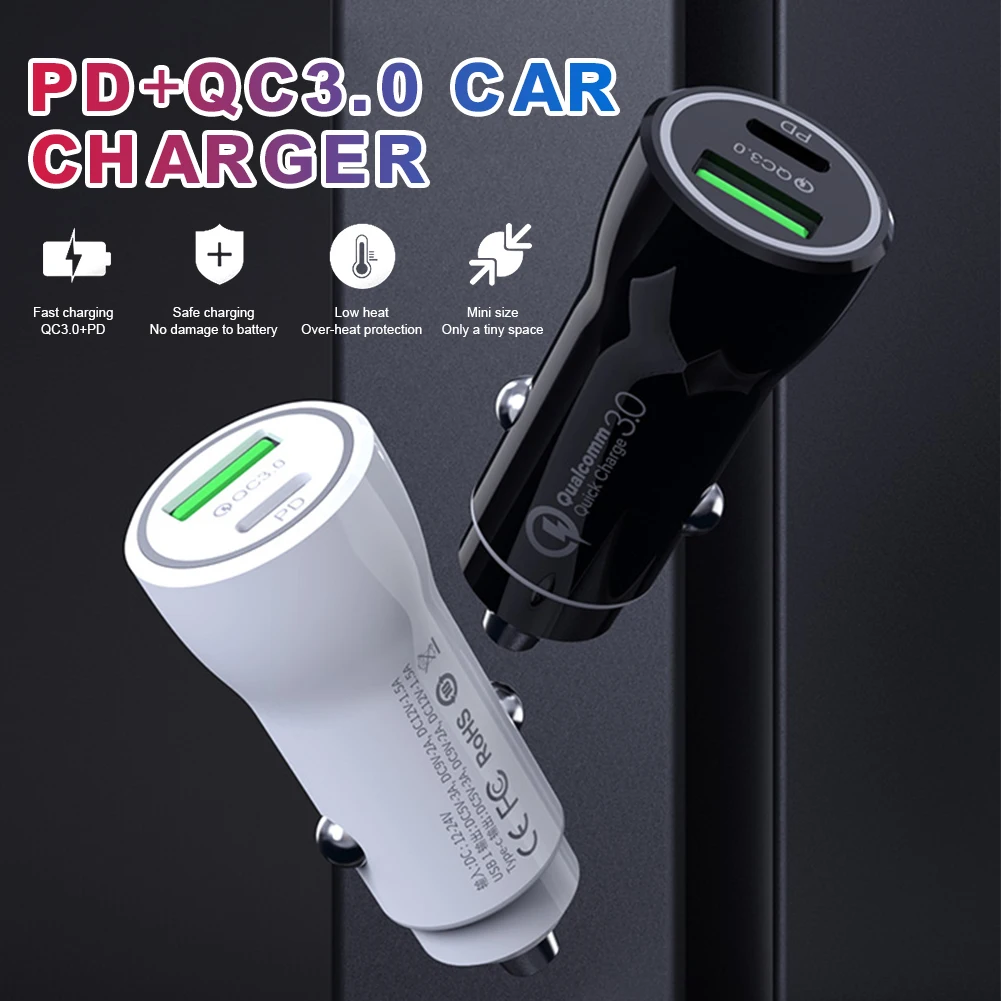 

QC3.0+3A PD Dual USB Car Charger LCD Display 12-24V Cigarette Socket Lighter Fast Charger Power Auto USB Adapter Upgraded