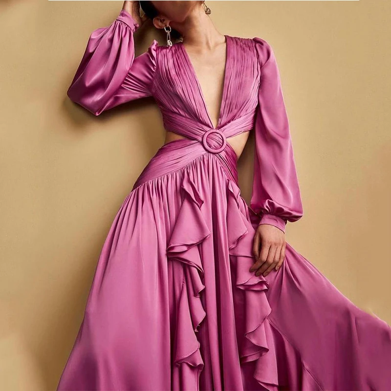 

LIYONG Ruffle Hem Women Dress Autumn Hollow Out Sexy V Neck Beach Maxi Long Dress Lantern Sleeves High Split Elegant Party Dress