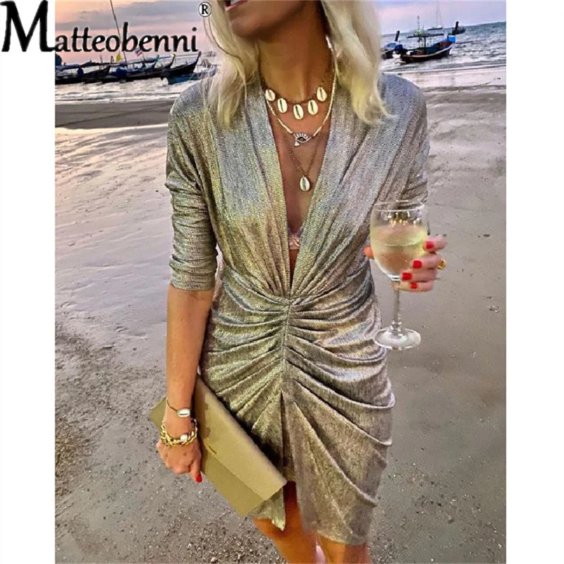 Купи Sequin Folds Women's Long Sleeve Dress For New Year 2021 Spring Autumn Sexy Slim Mini Deep V-Neck Nightclub Sheath Party Dresses за 863 рублей в магазине AliExpress