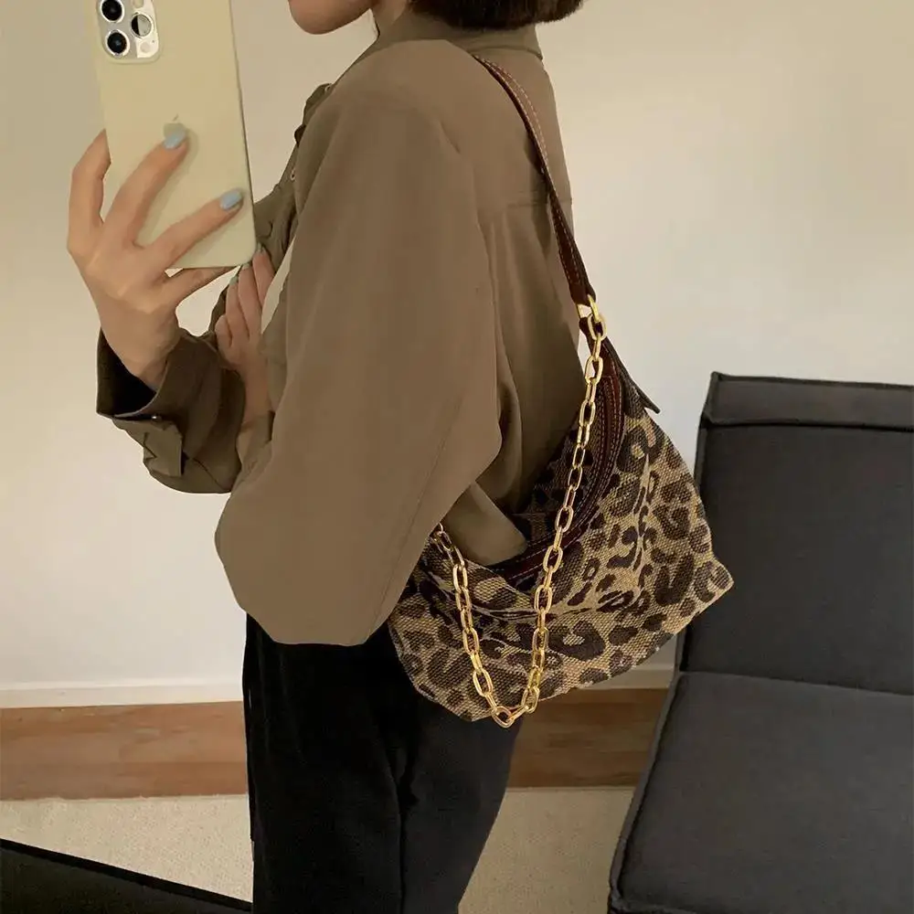 Leopard Print Tote Underarm Bag Luxury Brand Design Retro Chain Half moon Handbags Trendy Fashion Portable Shoulder Bags Women |