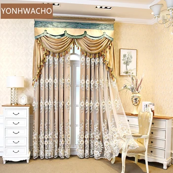 Custom curtain French villa luxury atmosphere 3D embossed embroidered yellow cloth curtain valance panel C308