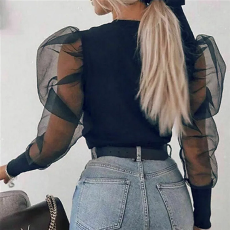 

Women See-through Sheer Mesh Blouse Puff Long Sleeve Shirt Tops Shirt New Solid Color V-neck Perspective Blouse Female Blusas