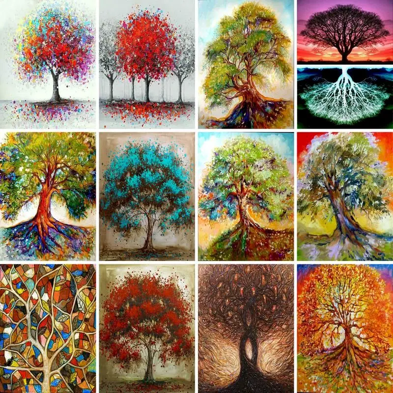 

GATYZTORY Oil Painting By Numbers Tree On Canvas With Frame Handmade Drawing Paints Landscape Picture Coloring By Number Decorat