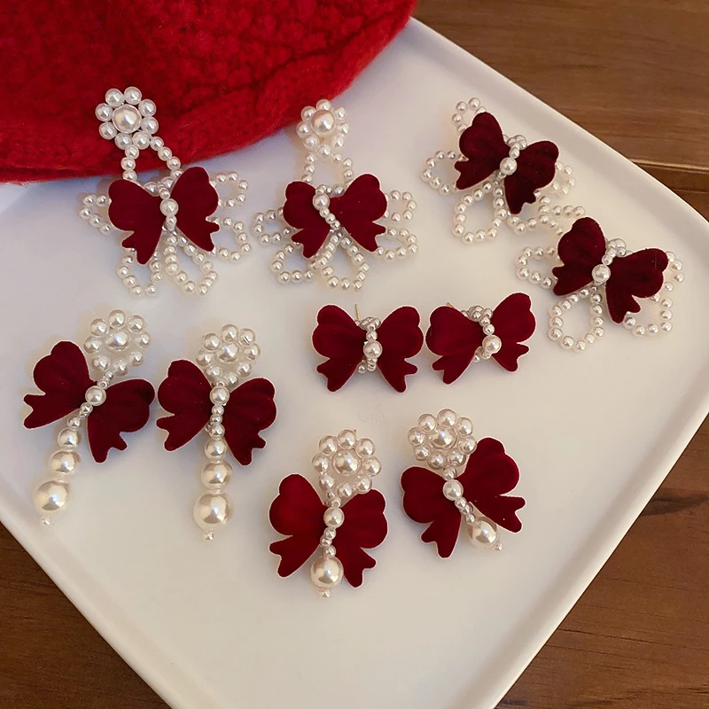 

MENGJIQIAO Korean Trendy Velvet Bowknot Drop Earrings For Women Girls Elegant Pearl Beads Flower Pendientes Party Jewelry