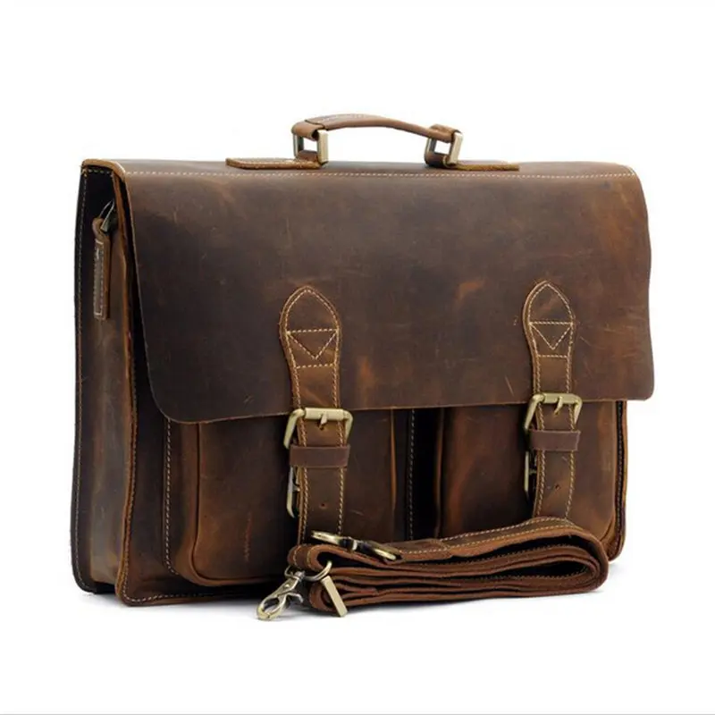 

Retro Briefcase Men's Bag Crazy Horse Leather Multi-Pocket 15.6 Inch Cowhide Handbag Crossbody Shouler Laptop Men sacoche homme