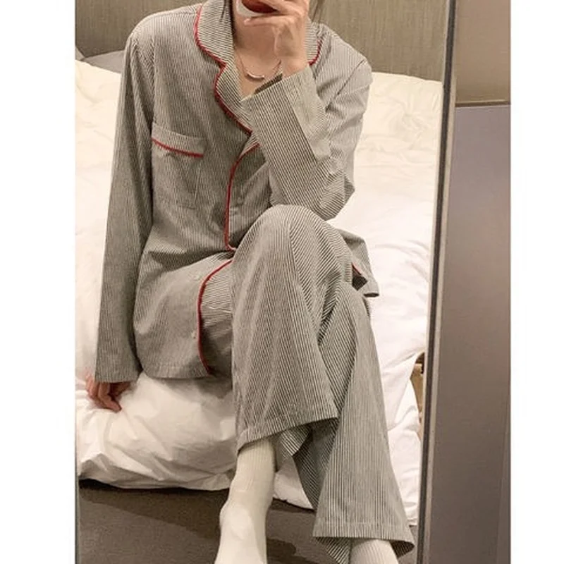 QWEEK Striped Women's Pajamas Autumn Female Set Woman 2 Pieces Sleepwear Long Sleeve Nightwear Brief Pijama Loungwear Home Suit