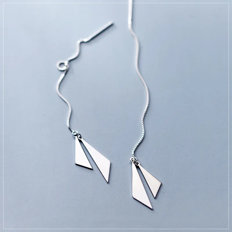 

Real 100% 925 Sterling Silver Fine Jewelry Double Triangle Geometric Threader Long Dangle Earrings gtle2255