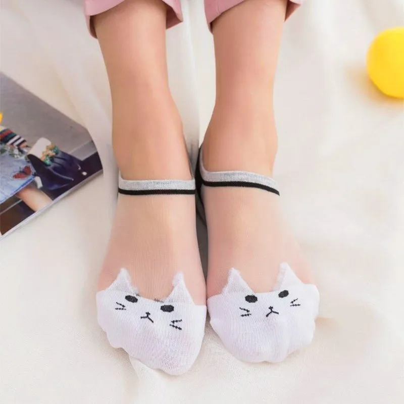 5 Pairs Summer Cartoon Cat Socks Cute Animal Women Socks Funny Invisible Socks Female Cotton Transparent Boat Socks Dropship