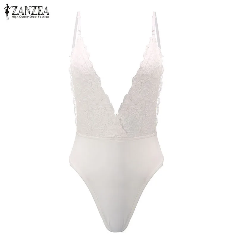

Sexy Lace Bodysuits Women's Jumpsuits ZANZEA 2021 Fashion Deep V Neck Playsuits Female Spaghetti Strap Backless Romper Plus Size