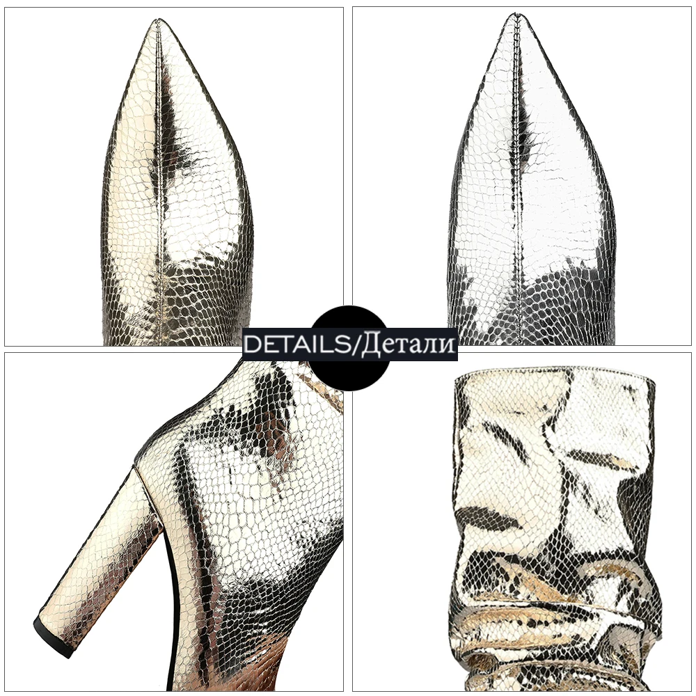 

WETKISS Pleated Knee Boots Women Metal Color Slouchy Boot Sexy Pointed Toe Thick High Heels Shoes Woman Winter Fashion Boots Big