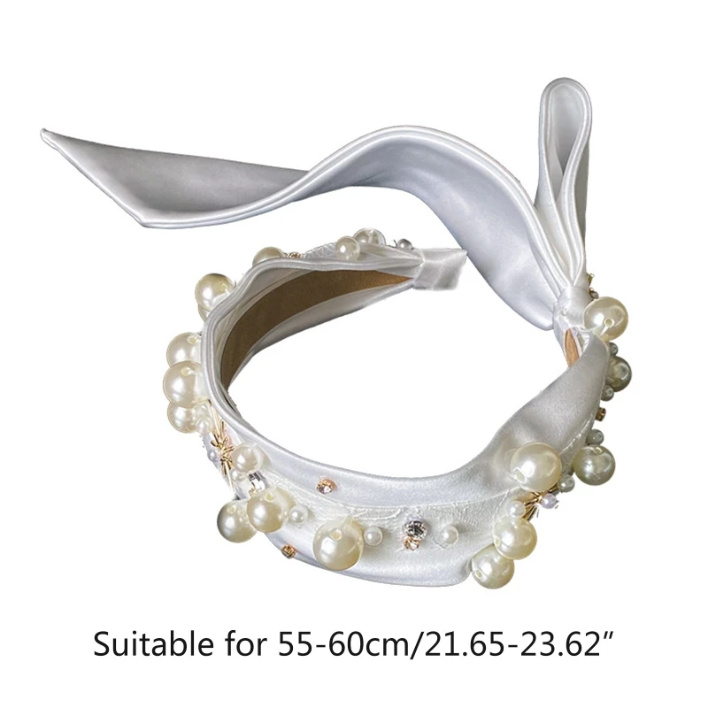 

Wedding Bridal White Satin Headband Romantic Pearl Beading Jewelry Hair Hoop Long Ribbon Vintage Church Party Headdress