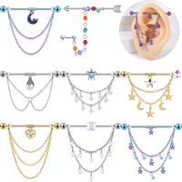 zs 14g stainless steel industrial barbell piercing pearl dangle chain earring tassel star helix earring drop industrial earring