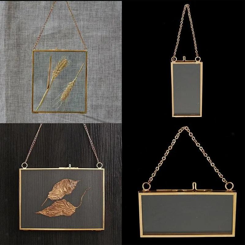 

Antique Brass Hanging Photo Frame Metal Glass Portrait Vintage Picture Frames Holder Double Sided Gift Bronze Home Decoation